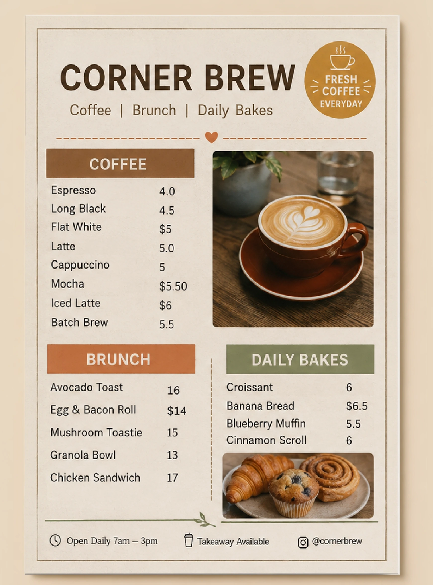 Corner Brew menu before visual review