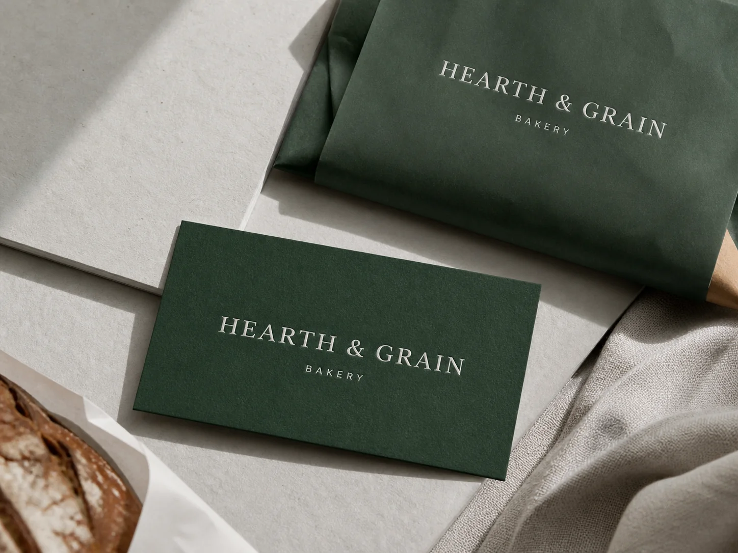 Hearth and Grain bakery green brand stationery