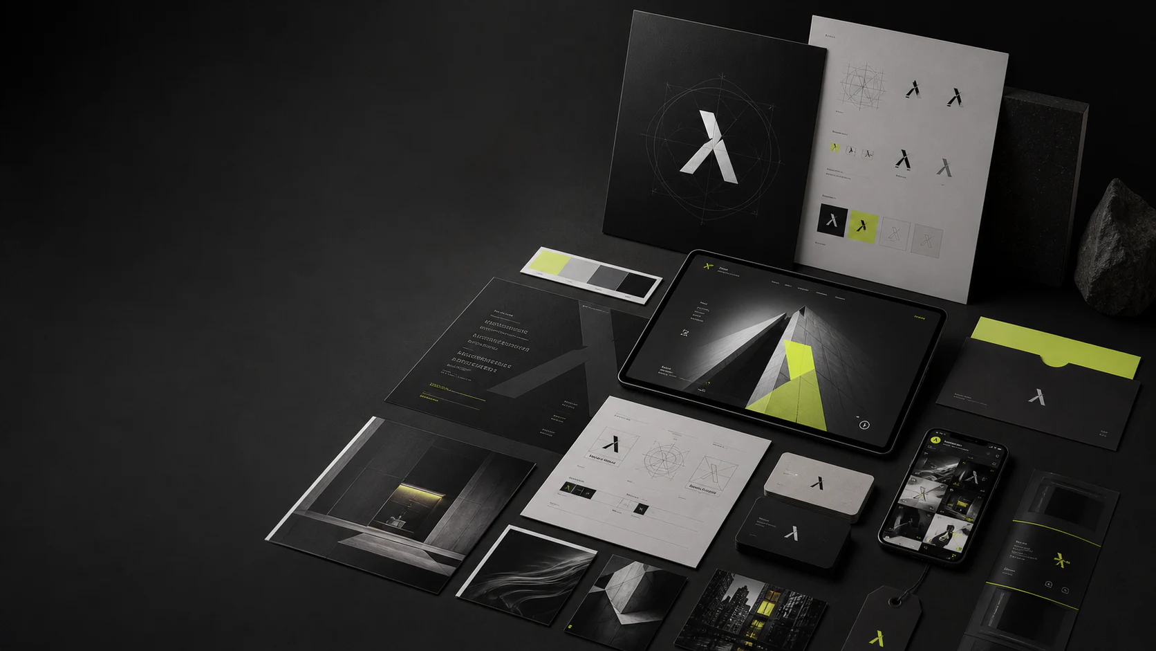 YL Studio visual system delivery wall with printed identity boards, digital previews and launch assets