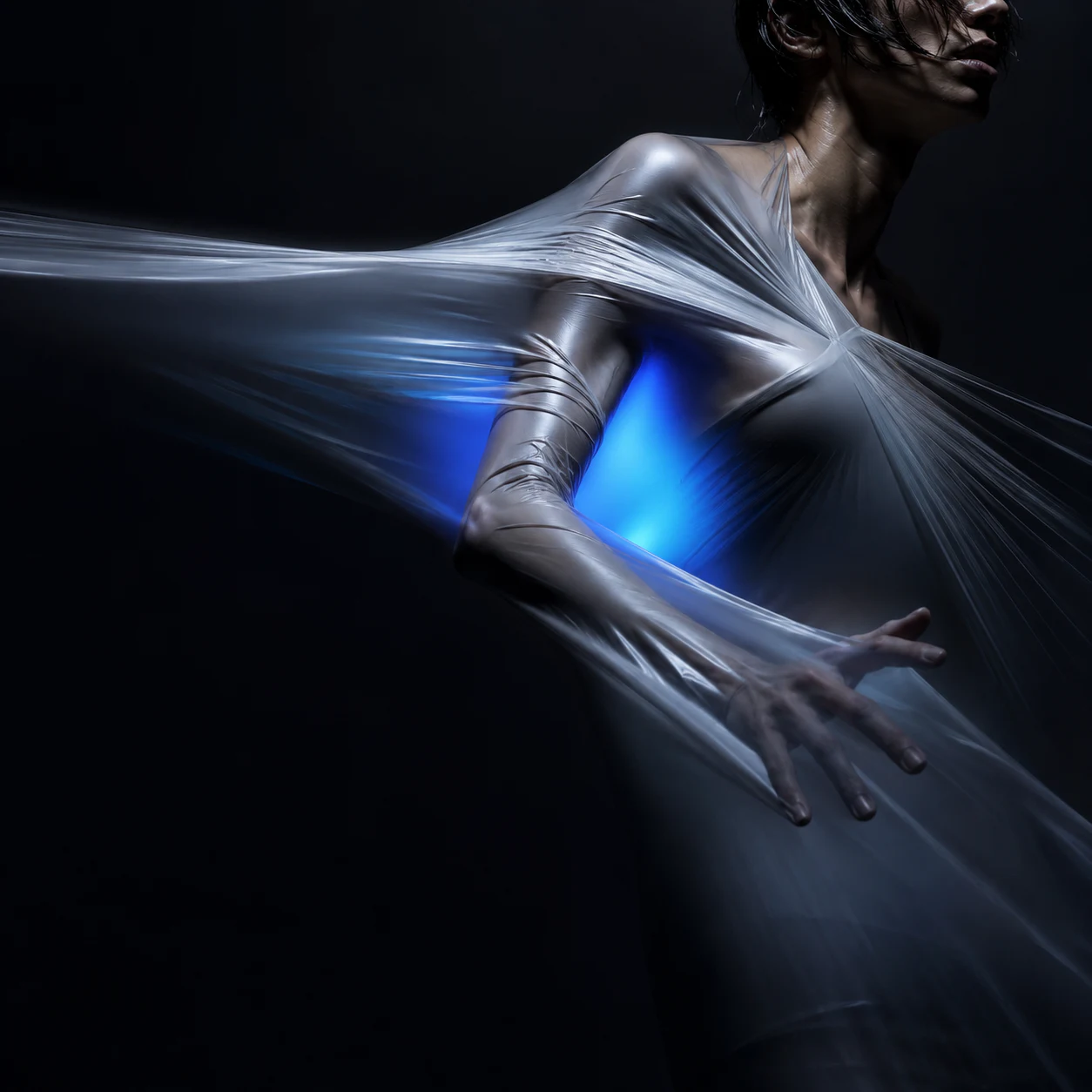 Editorial figure wrapped in translucent silver fabric with a cobalt-blue light accent