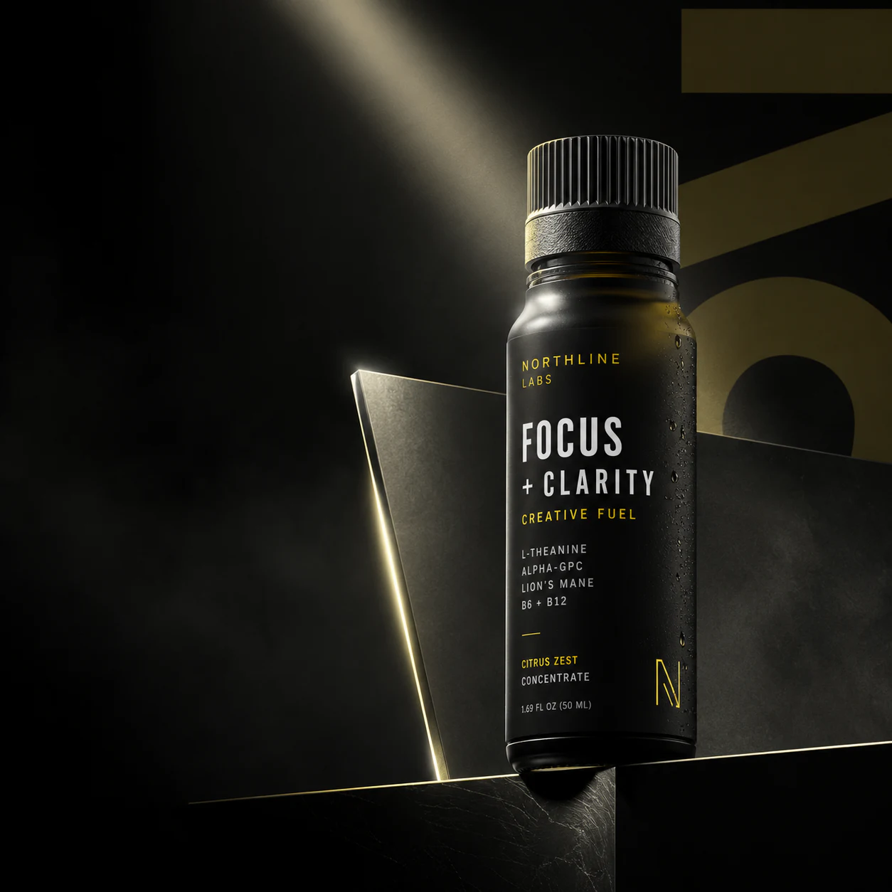 Northline Labs Focus and Clarity bottle in a black-and-gold studio setting