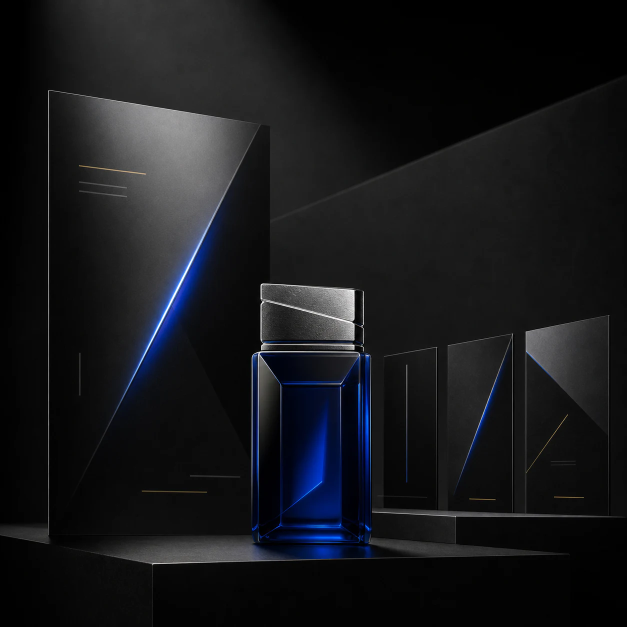 Cobalt glass launch product staged with a coordinated family of black campaign panels
