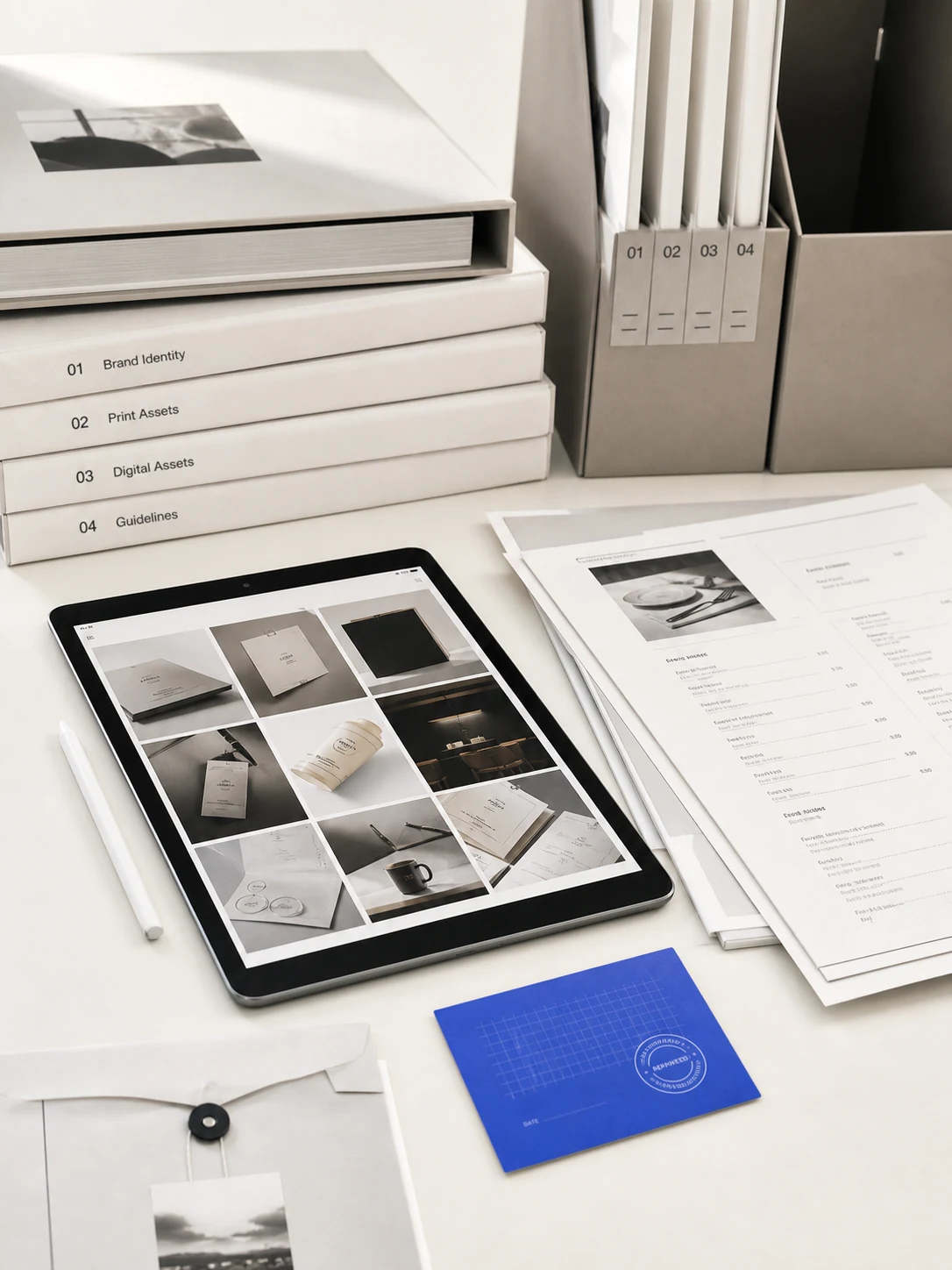 Organised final design files and delivery system on a studio desk