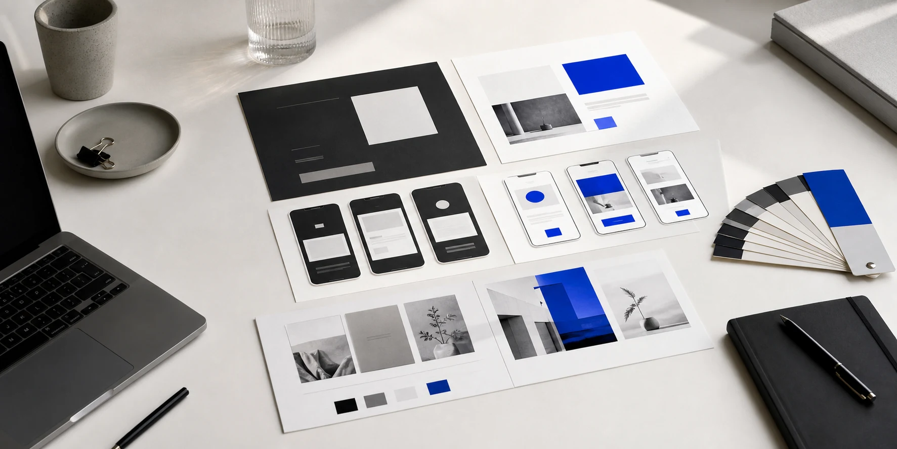 Studio desk with organised visual audit materials, colour samples and small brand layouts