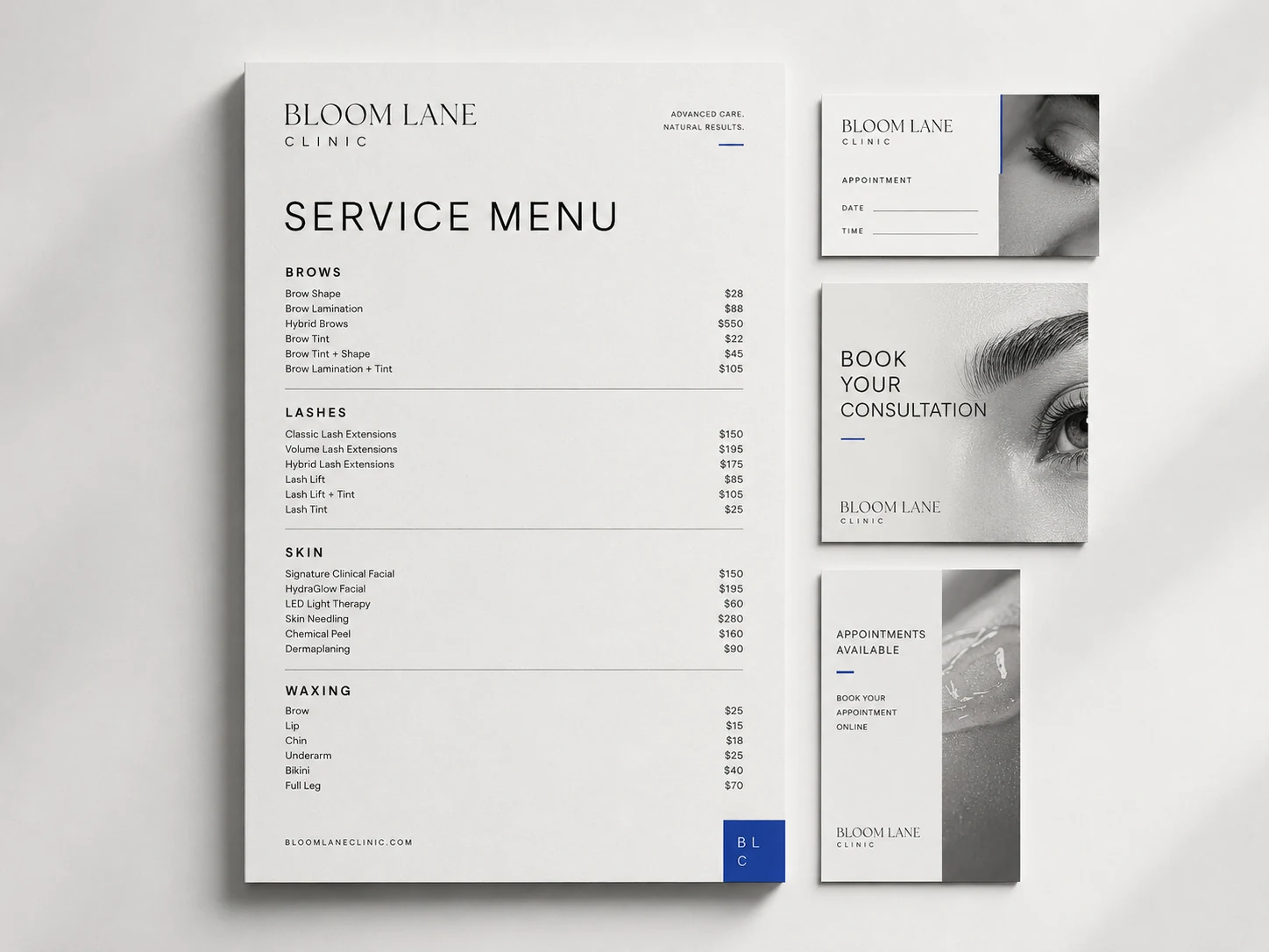 Bloom Lane Clinic service menu and appointment assets
