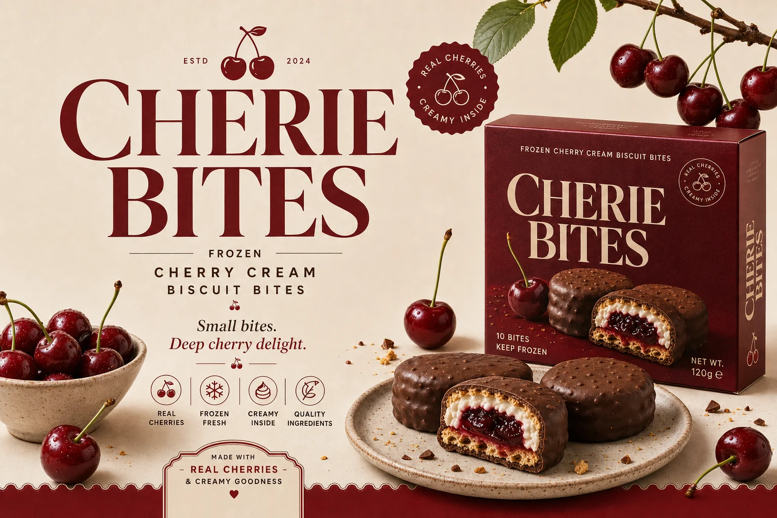CHERIE BITES frozen cherry cream biscuit packaging, cherries and product cutaway