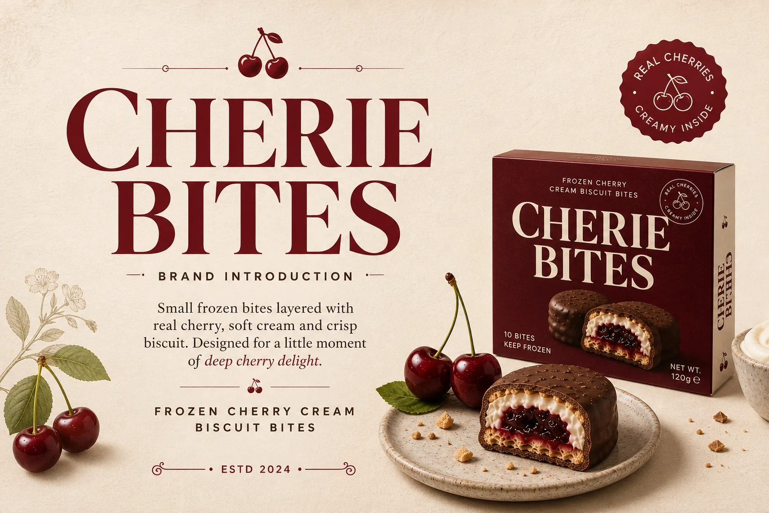 CHERIE BITES brand introduction board with product carton, cherries and frozen cherry cream biscuit message