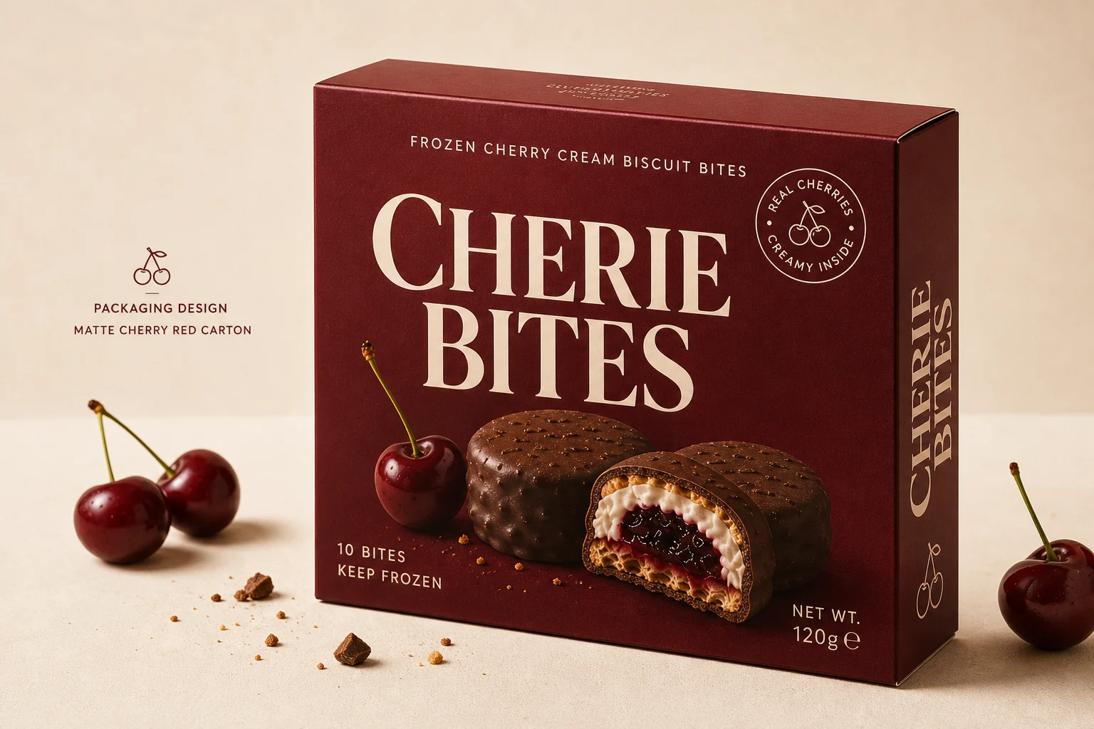 CHERIE BITES carton packaging close-up with biscuit cutaway and cherry props