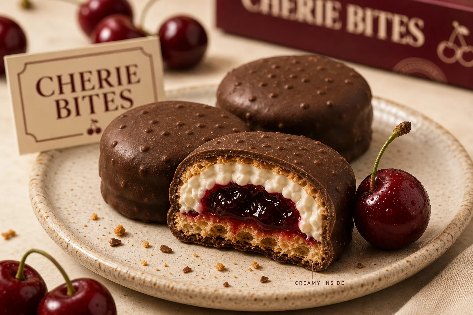 CHERIE BITES biscuit cutaway showing cream and cherry filling with cherries on a plate