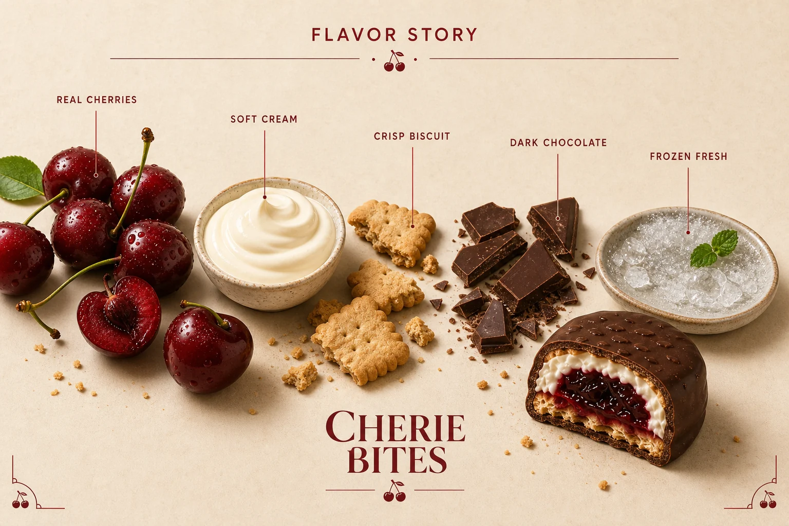 CHERIE BITES flavor story board showing cherries, soft cream, crisp biscuit and dark chocolate