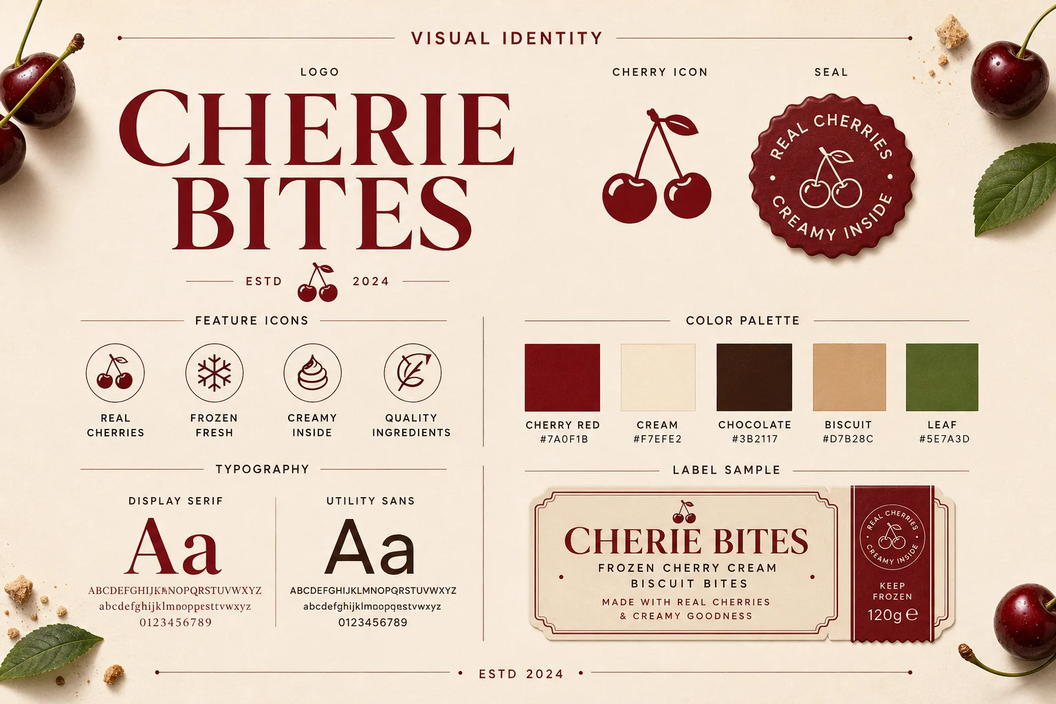 CHERIE BITES visual identity board with logo, colors, typography, icon and packaging lockup