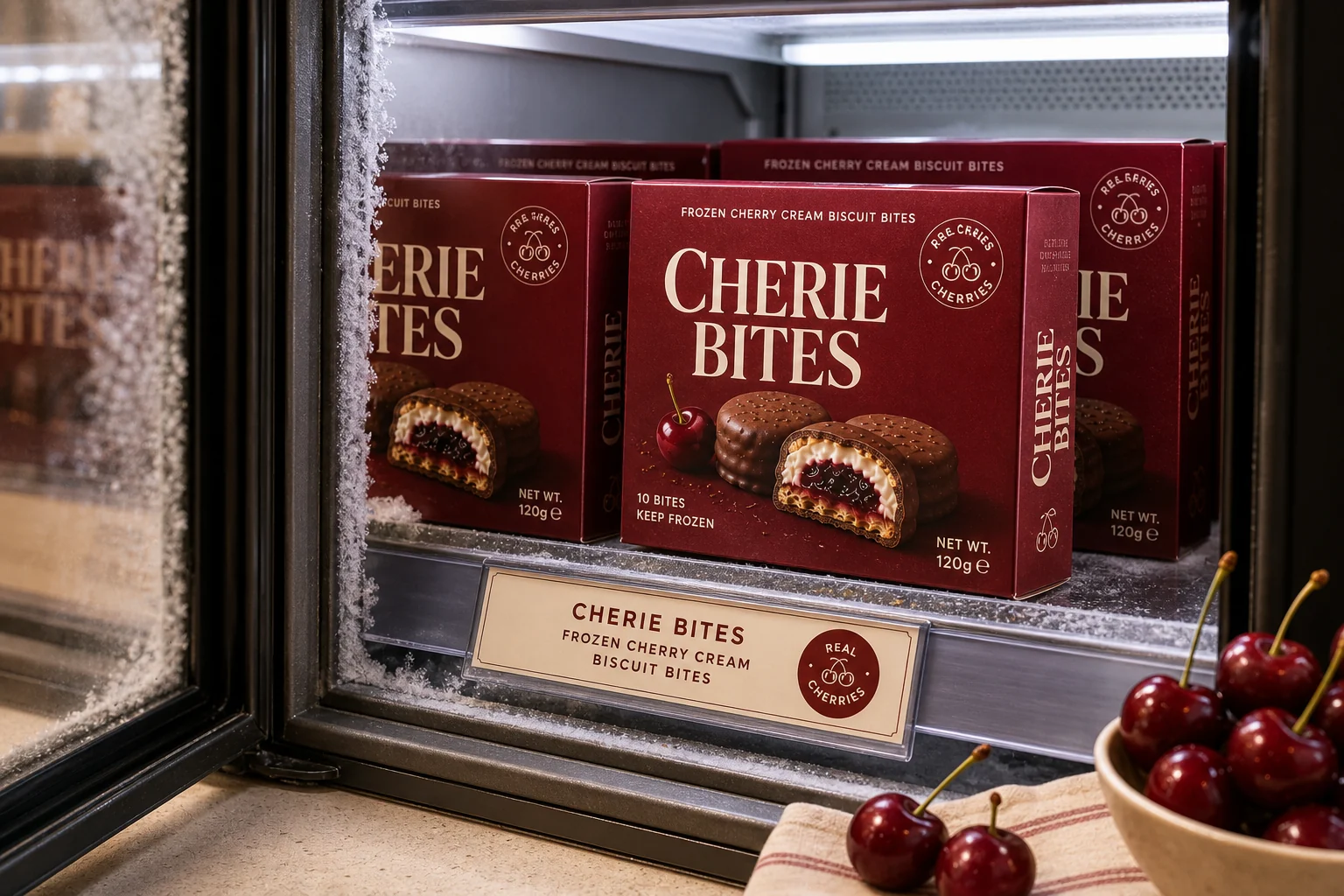 CHERIE BITES cartons arranged inside a retail freezer display