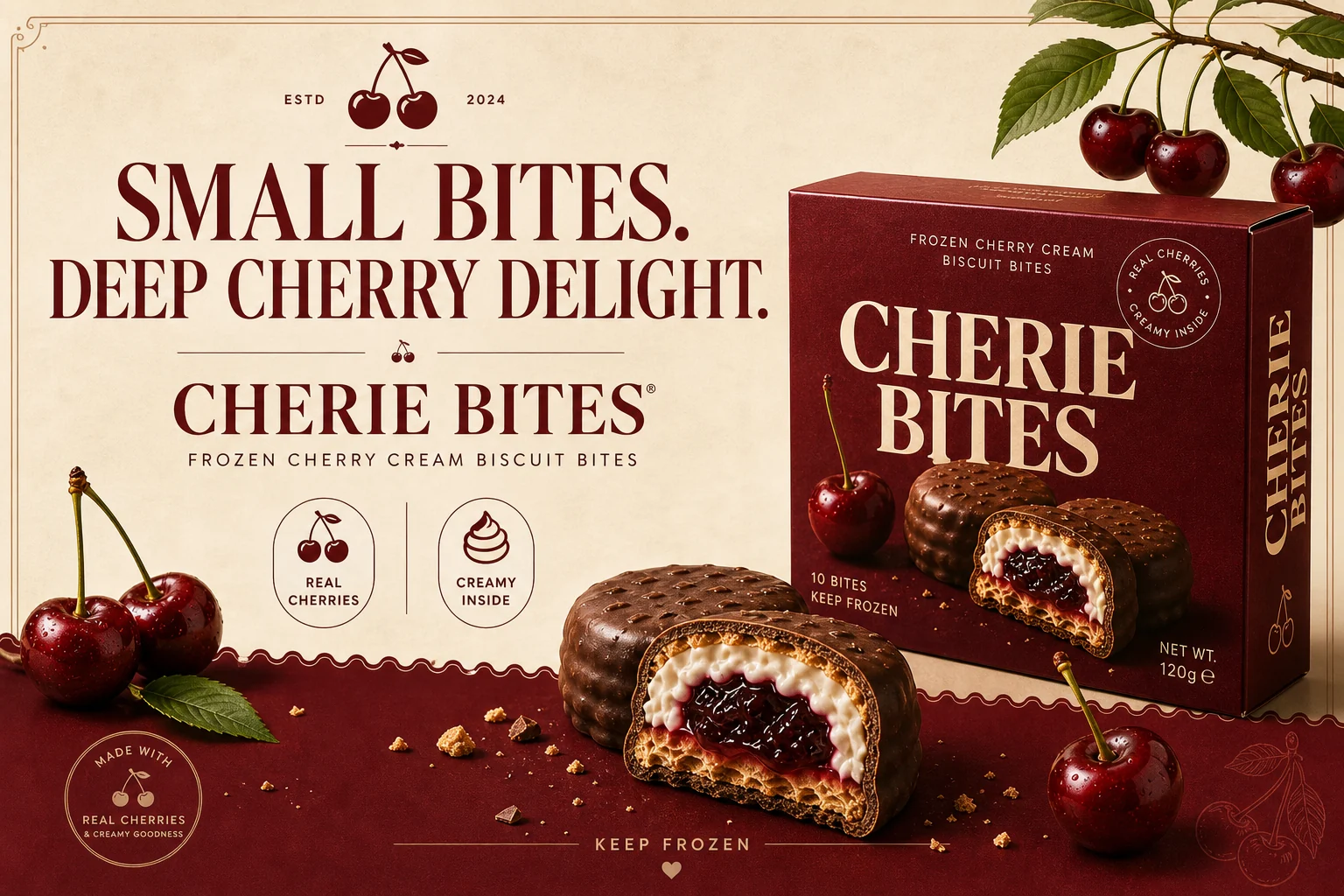 CHERIE BITES campaign poster with small bites deep cherry delight message and product pack