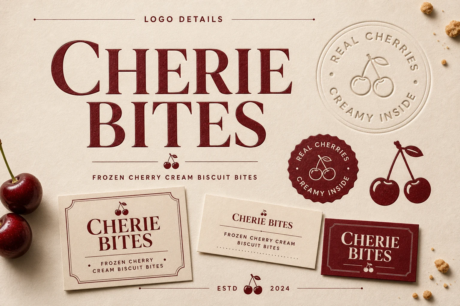 CHERIE BITES logo details, cherry seal and packaging labels