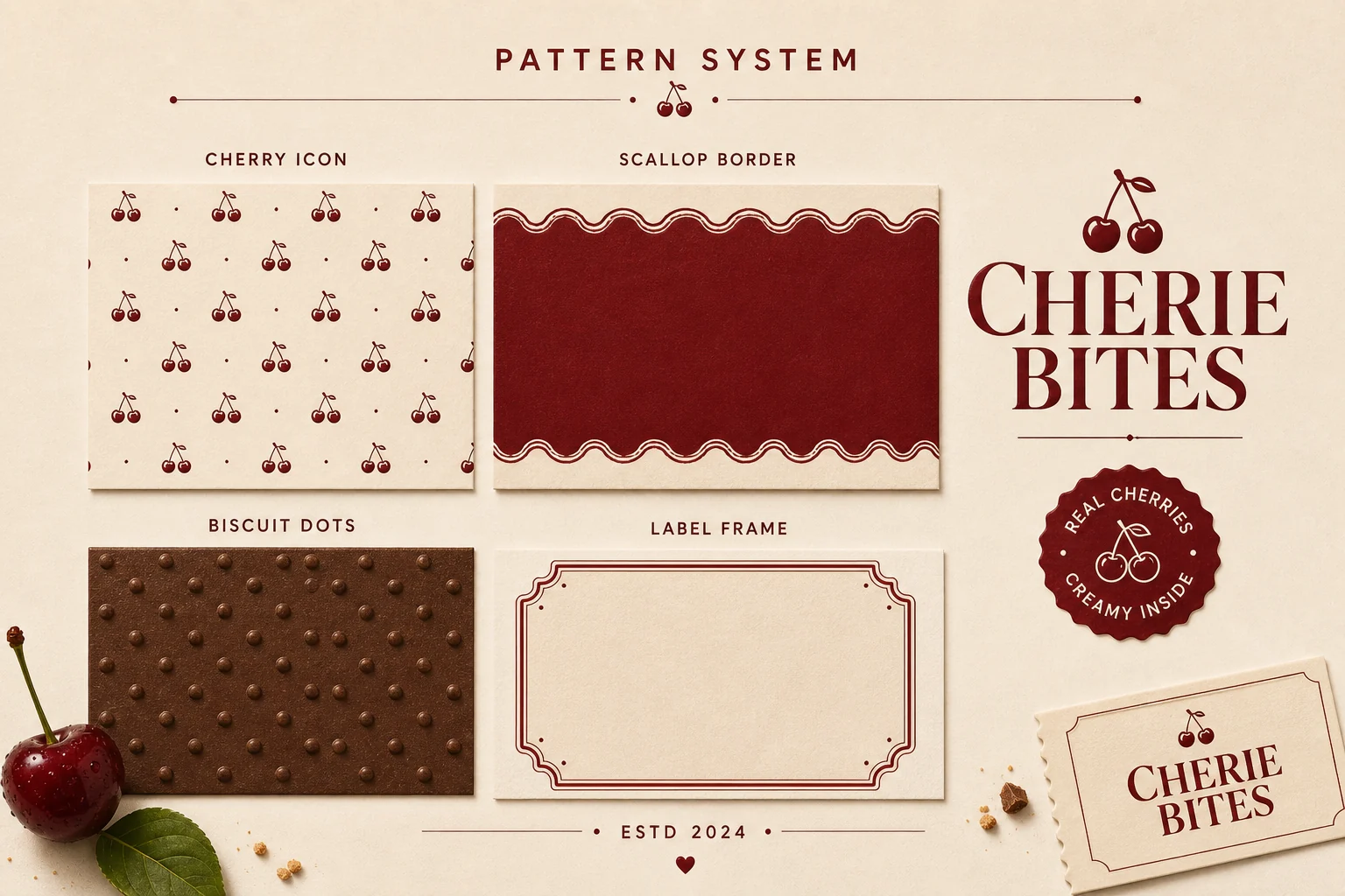 CHERIE BITES pattern system with cherry icon, scallop border and biscuit dot textures