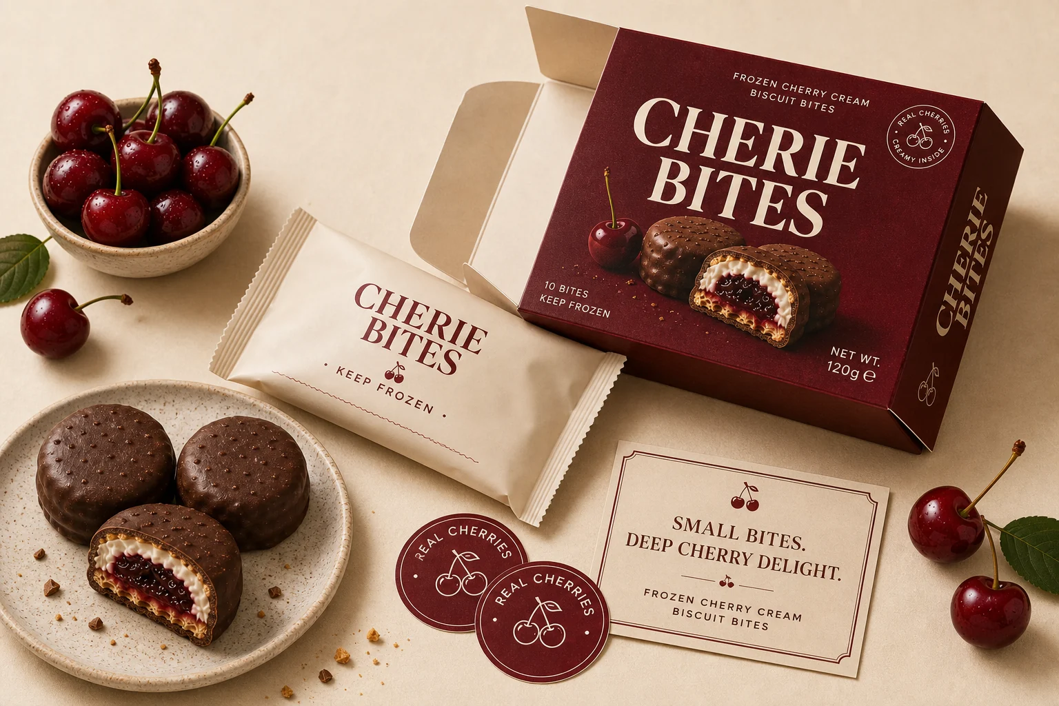 CHERIE BITES unboxing components with carton, bag, stickers, plate and cherry props