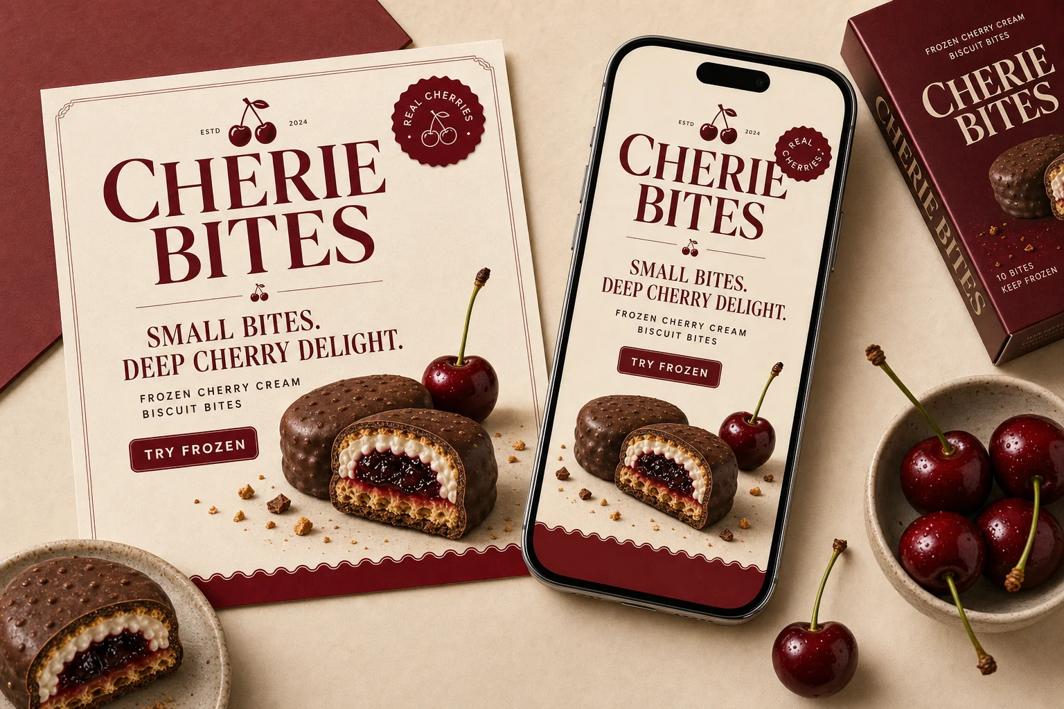 CHERIE BITES social media mockups on printed card and phone screen