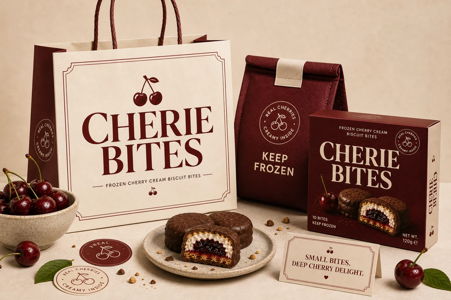 CHERIE BITES shopping bag, freezer carton and takeaway packaging application