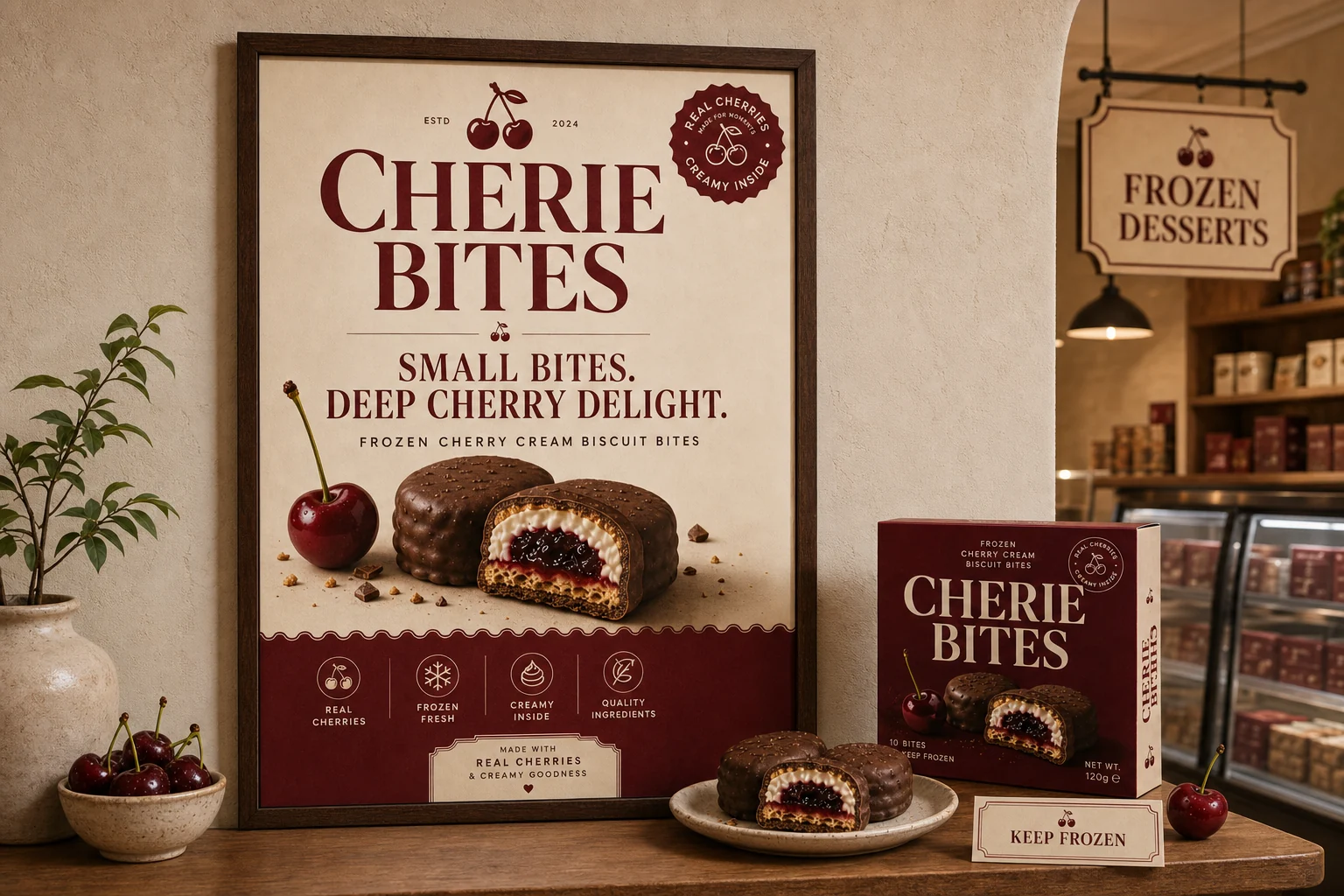 CHERIE BITES wall poster and freezer retail display inside a dessert shop