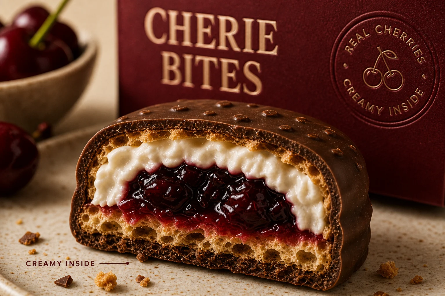 CHERIE BITES macro dessert texture showing biscuit, cream and cherry filling