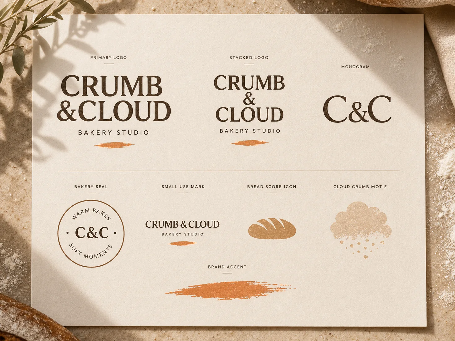 Crumb and Cloud logo suite, seal, monogram, cloud motif and apricot brush mark