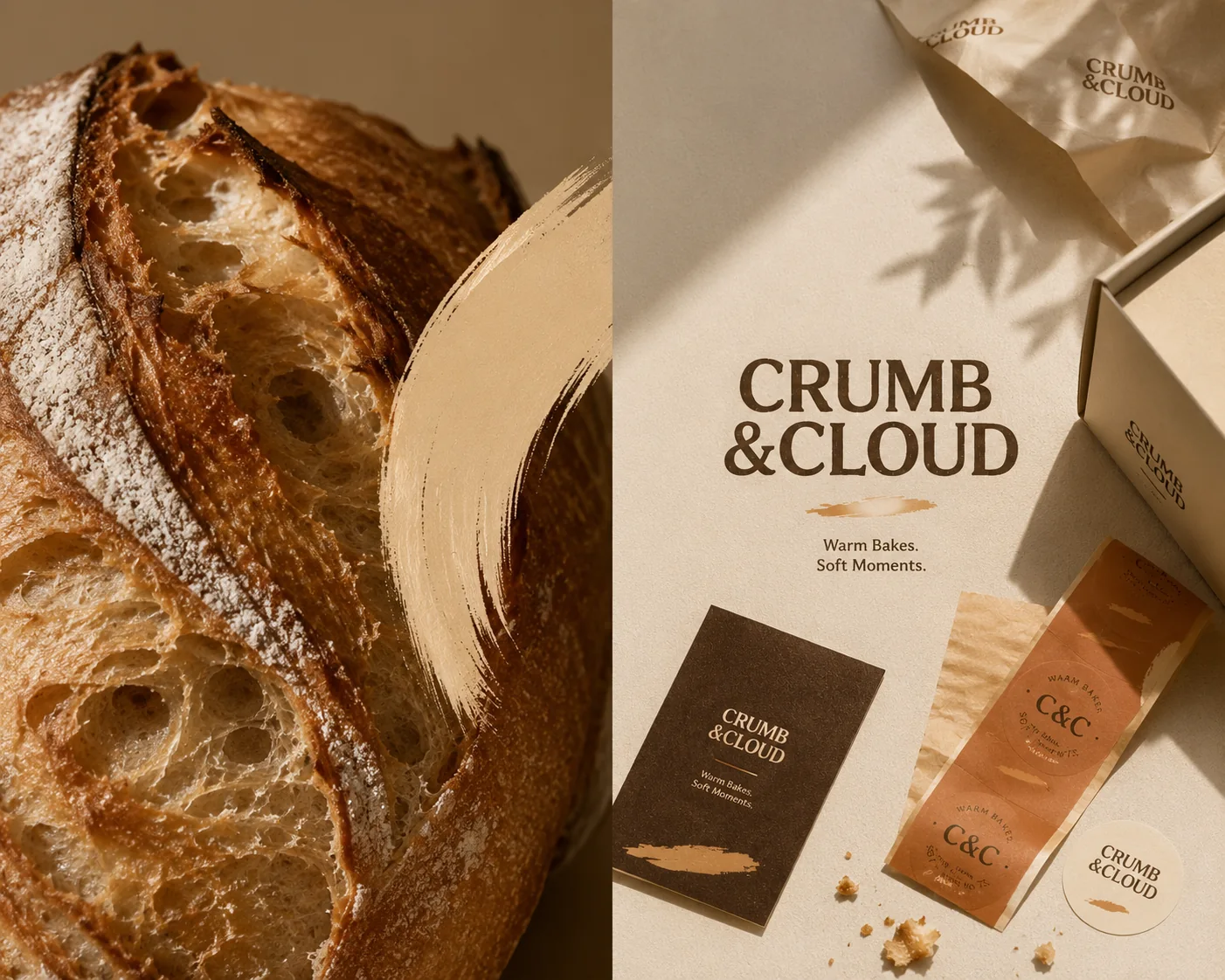 Crumb and Cloud bread identity spread with sourdough, packaging pieces and warm printed marks