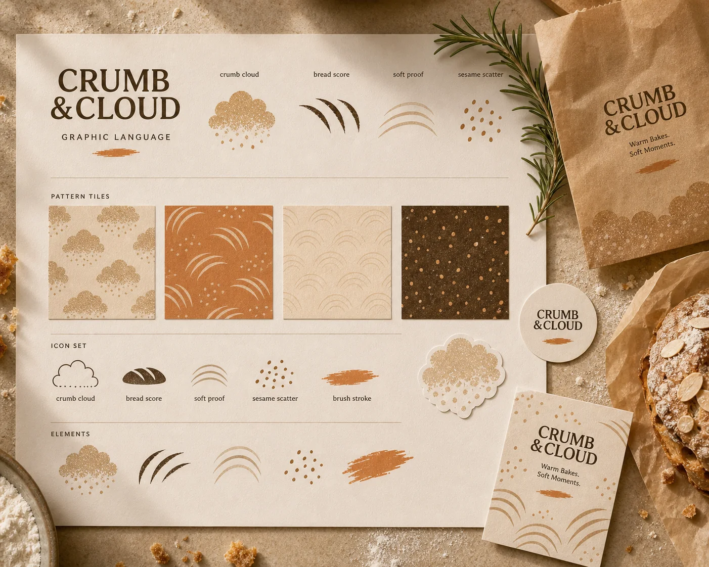 Crumb and Cloud graphic language board with cloud pattern, bread line icons, crumbs, dots and paper textures