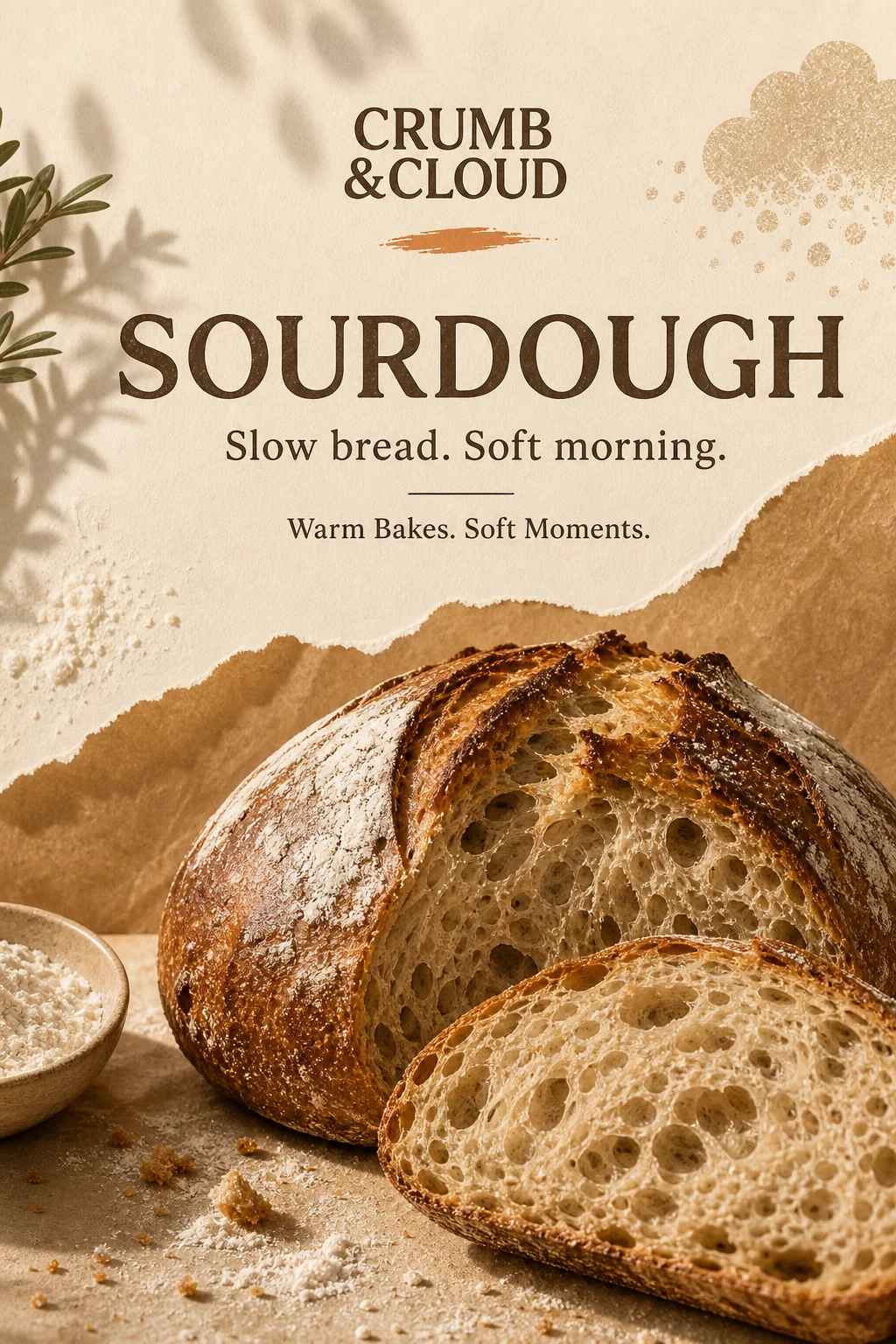 Crumb and Cloud sourdough poster with sliced bread and warm morning copy
