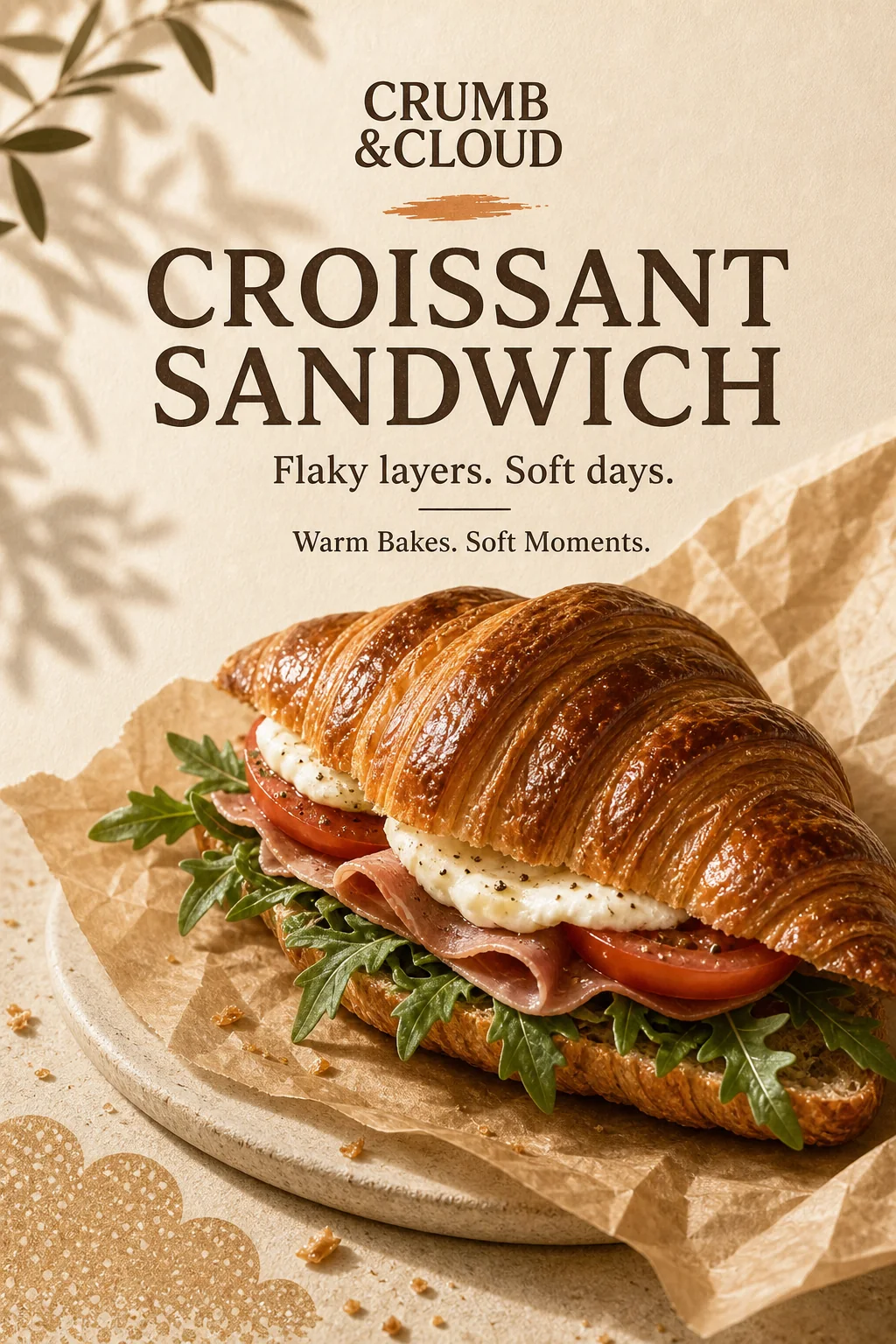 Crumb and Cloud croissant sandwich poster with tomato, greens and bakery paper