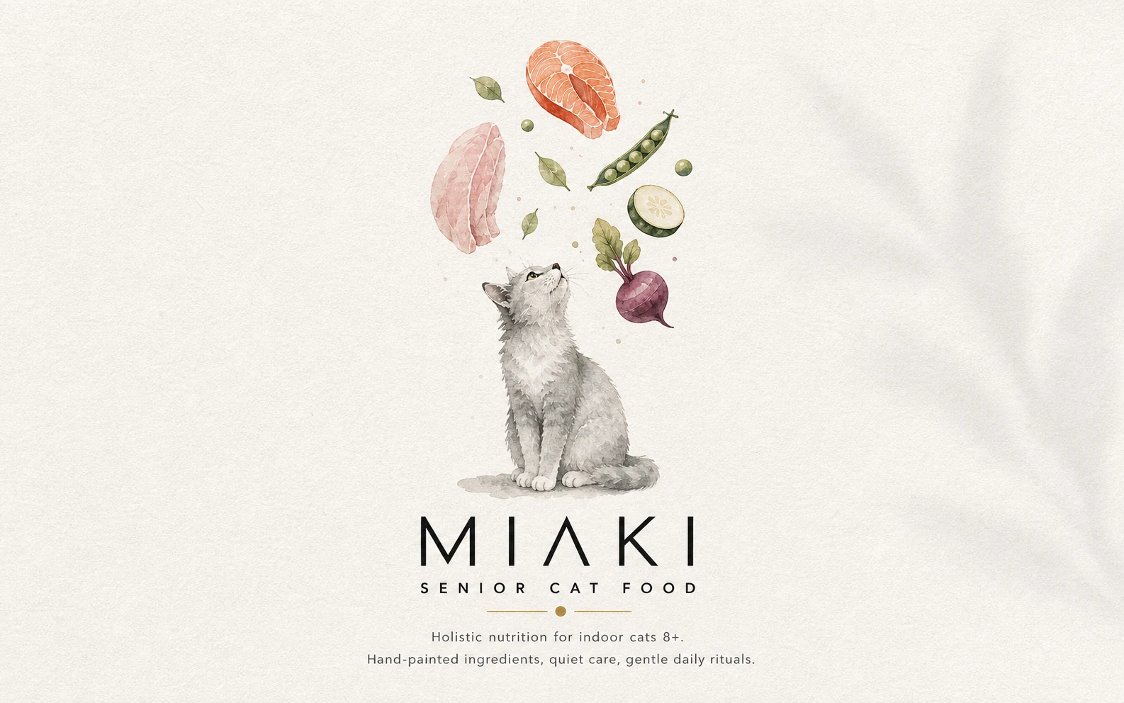 MIAKI senior cat food brand introduction with watercolor cat, salmon, pea, beetroot and product wordmark