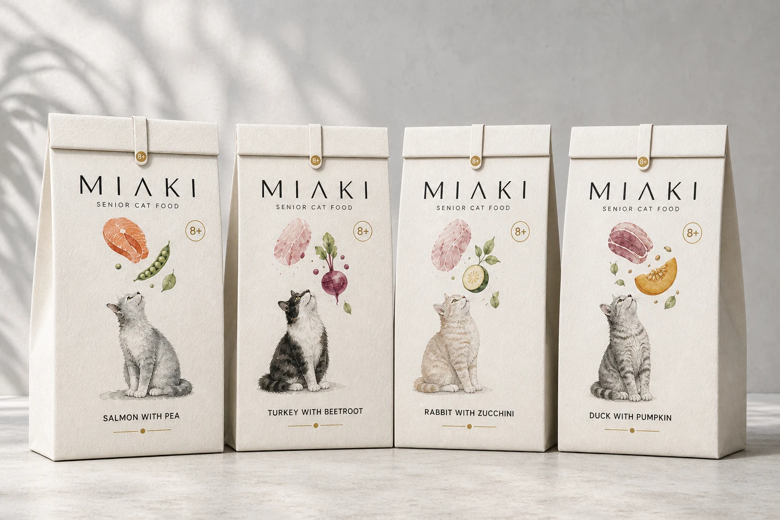 MIAKI senior cat food lineup with salmon, turkey, rabbit and duck recipes in paper packs