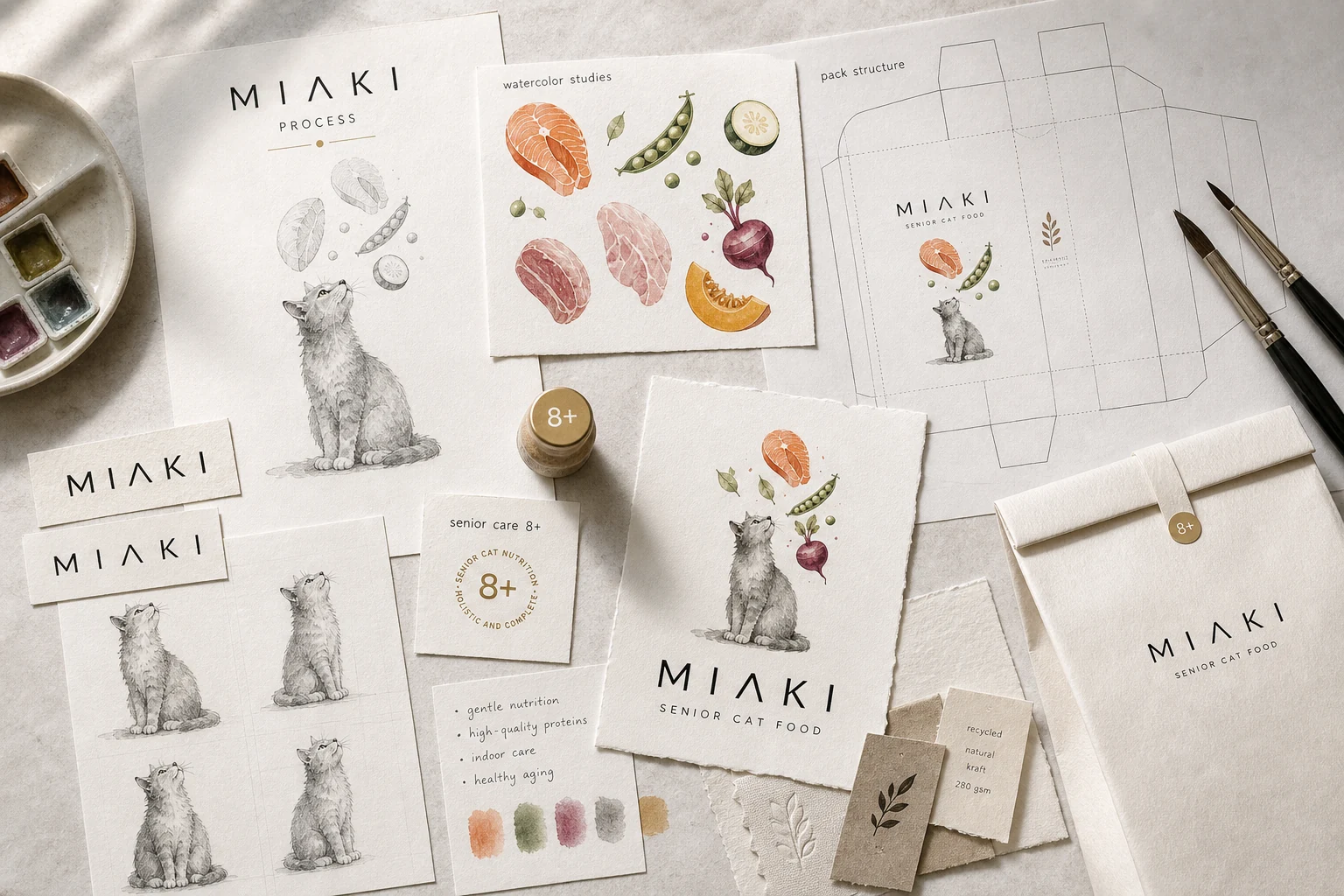 MIAKI creative process with watercolor studies, cat sketches, package dieline, paper textures and 8 plus seal
