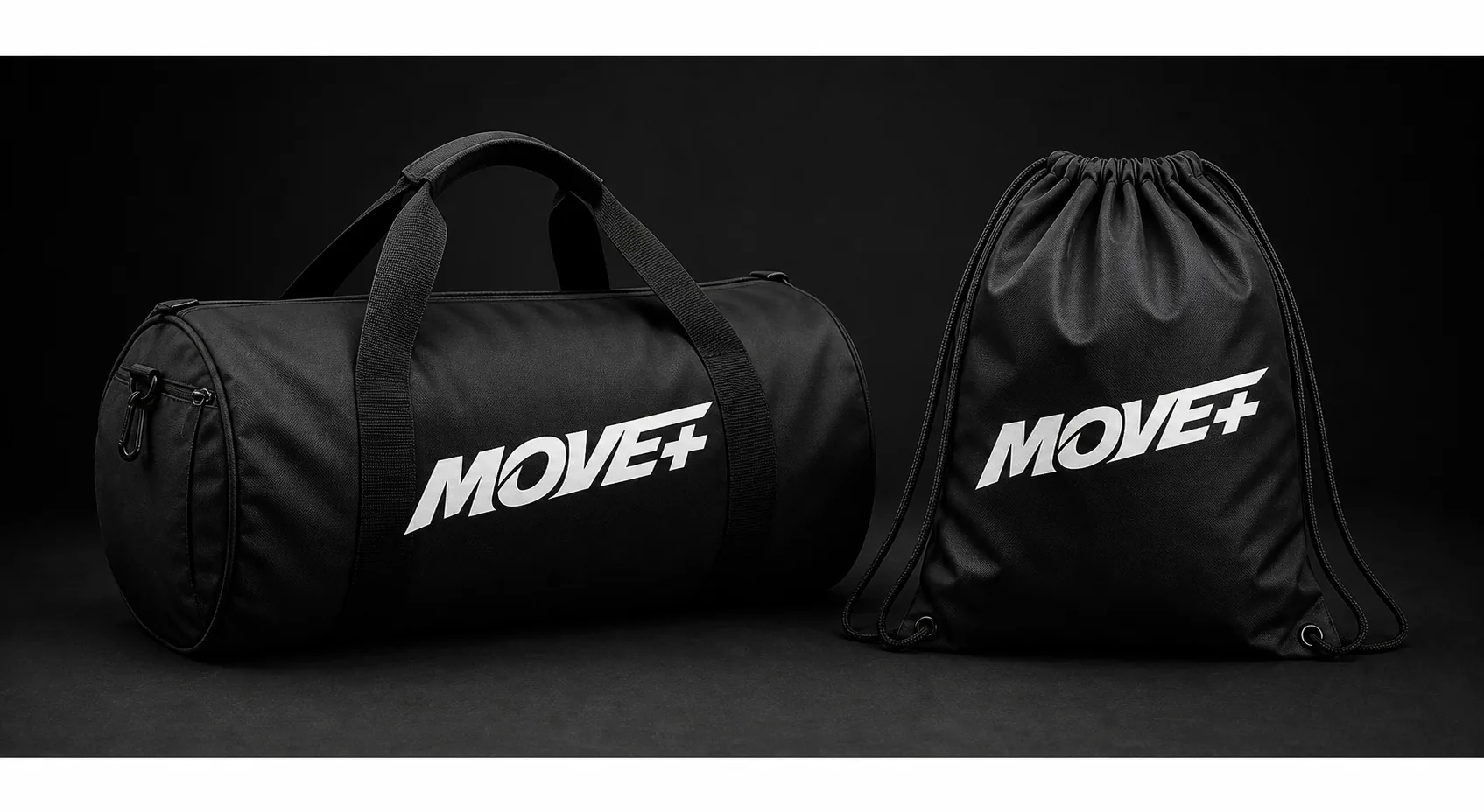 MOVE+ logo applied to black training duffel and drawstring bag