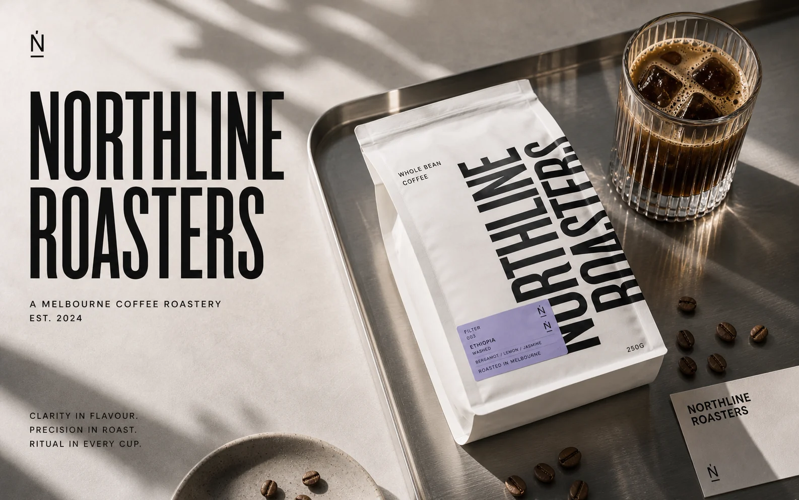 NORTHLINE ROASTERS brand introduction with white coffee bag, iced coffee, business card and stainless tray