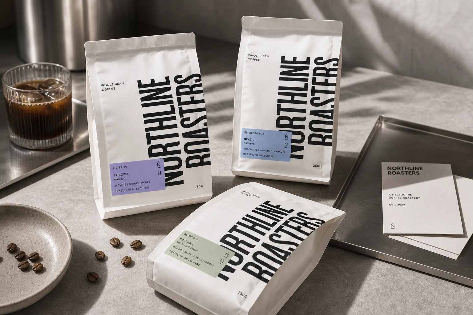 NORTHLINE ROASTERS packaging system with filter, espresso and decaf coffee bags