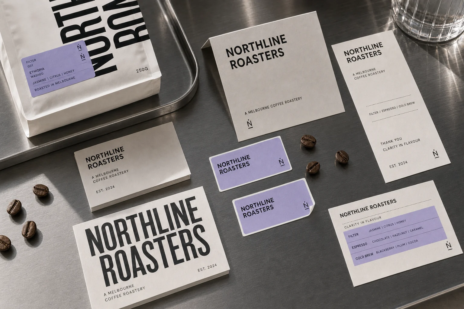 NORTHLINE ROASTERS stationery system with cards, labels, menu card and coffee packaging