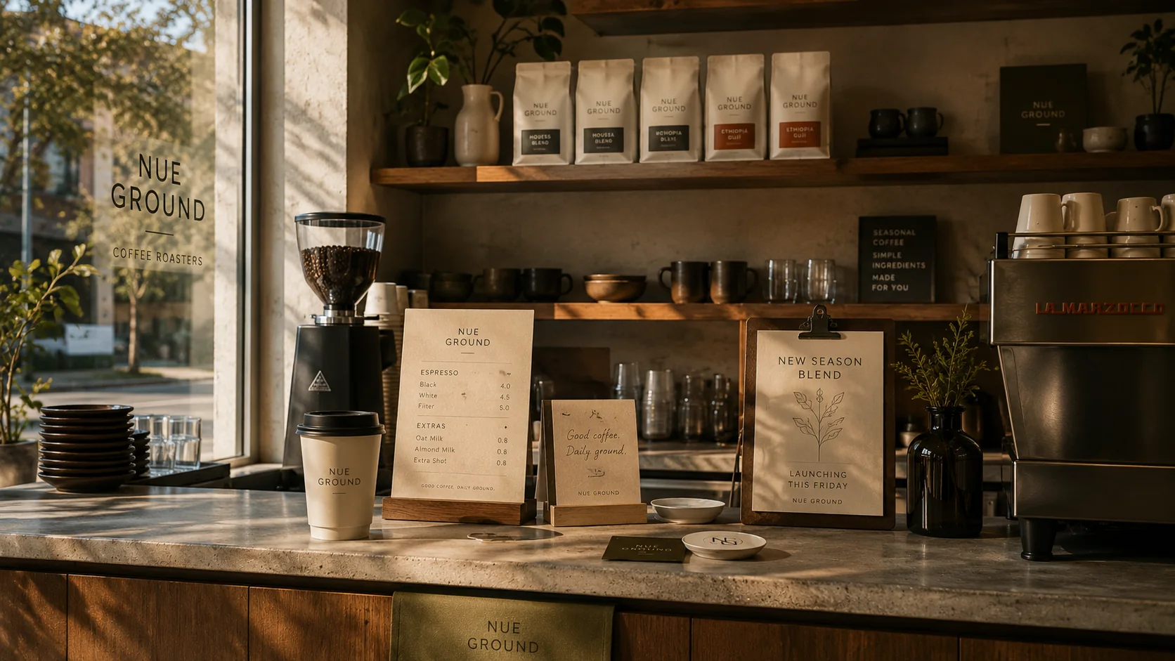 Nue Ground warm Melbourne cafe counter with branded cup, menu, seasonal blend display, coffee bags and signage