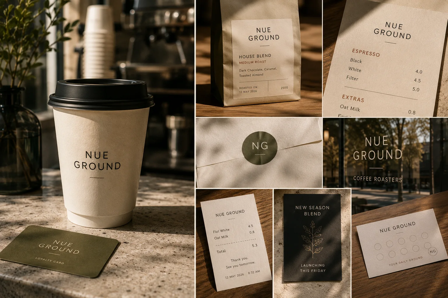Nue Ground identity applied to takeaway cup, coffee bag, menu, sticker, receipt, poster, loyalty card and window signage