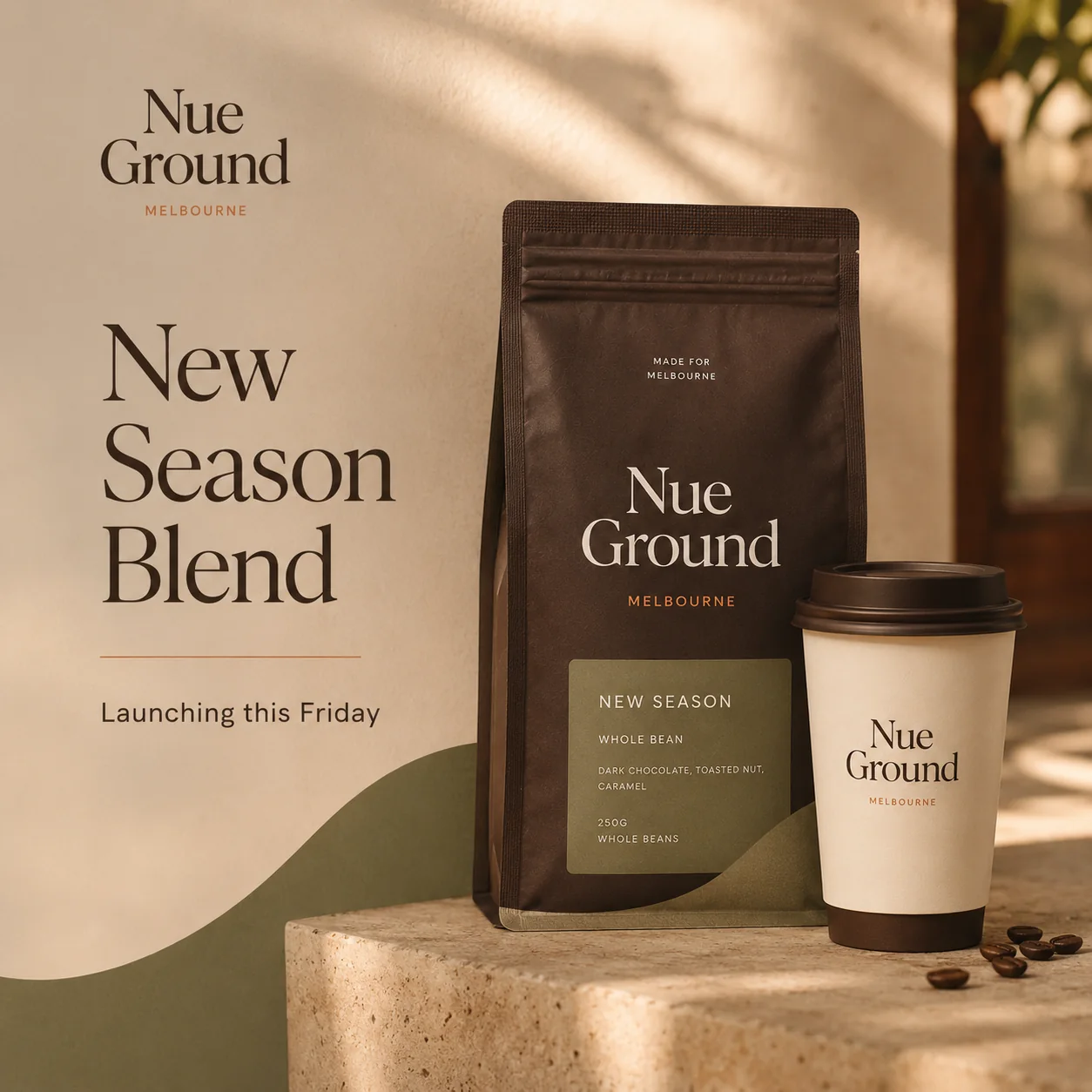Nue Ground New Season Blend square launch post with coffee bag and takeaway cup