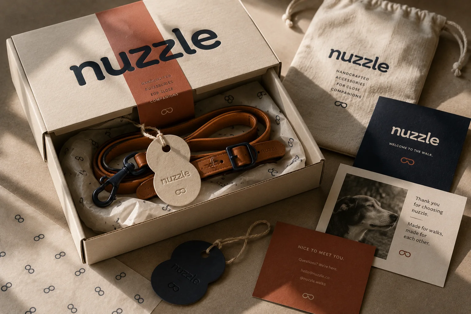 nuzzle unboxing set with leather leash, cotton pouch, box, tag, card and tissue wrap