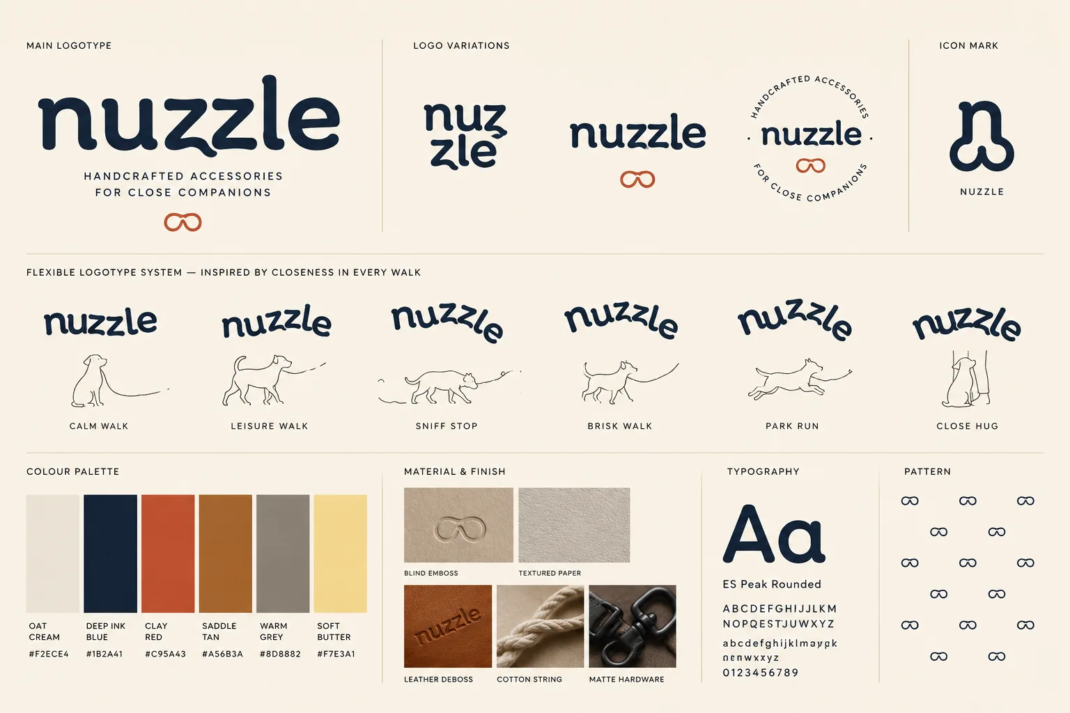 nuzzle brand system with wordmark, tags, colour palette, cotton bag and leather accessory pieces