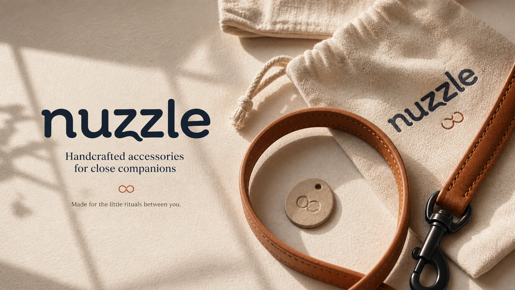 nuzzle pet accessory brand introduction with cotton pouch, leather leash, tag and warm light