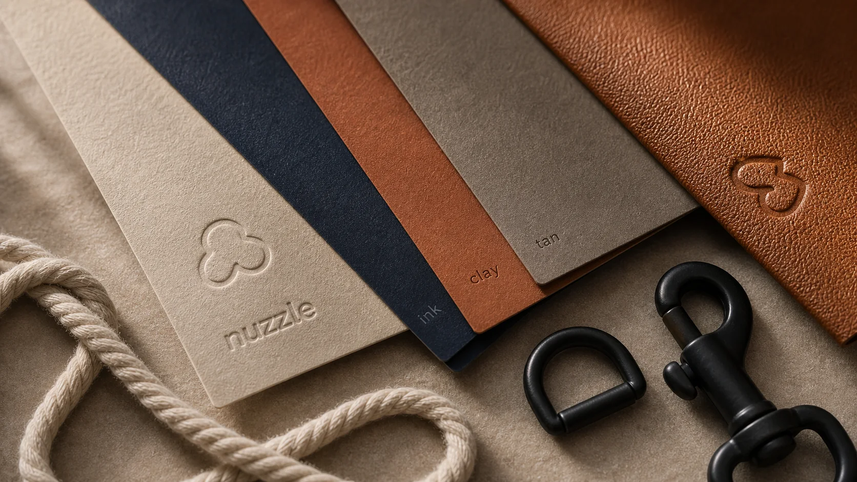 nuzzle material palette with oat, ink, clay and tan swatches, rope and black hardware