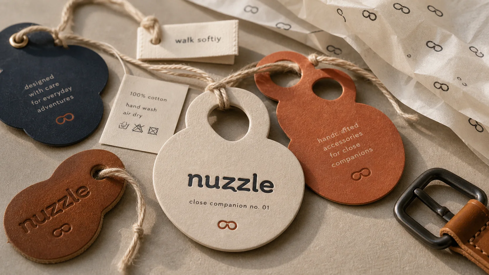 nuzzle die-cut hang tags, care card, pouch label and leather accessory details