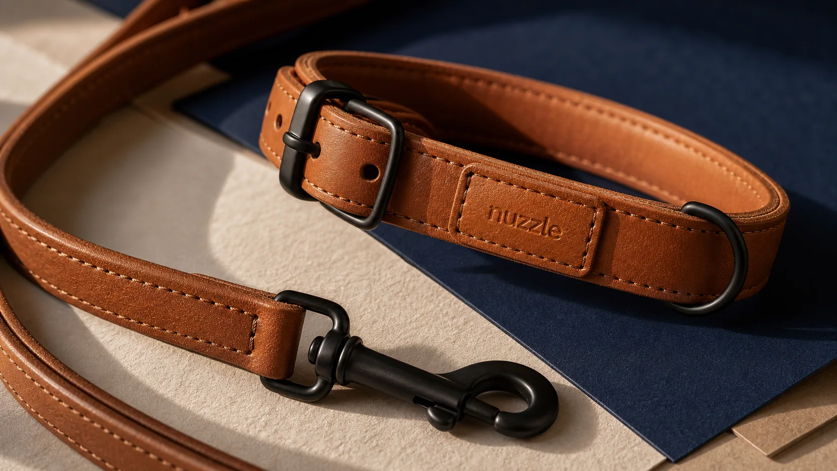 nuzzle leather collar and leash detail with embossed mark, stitching and black hardware