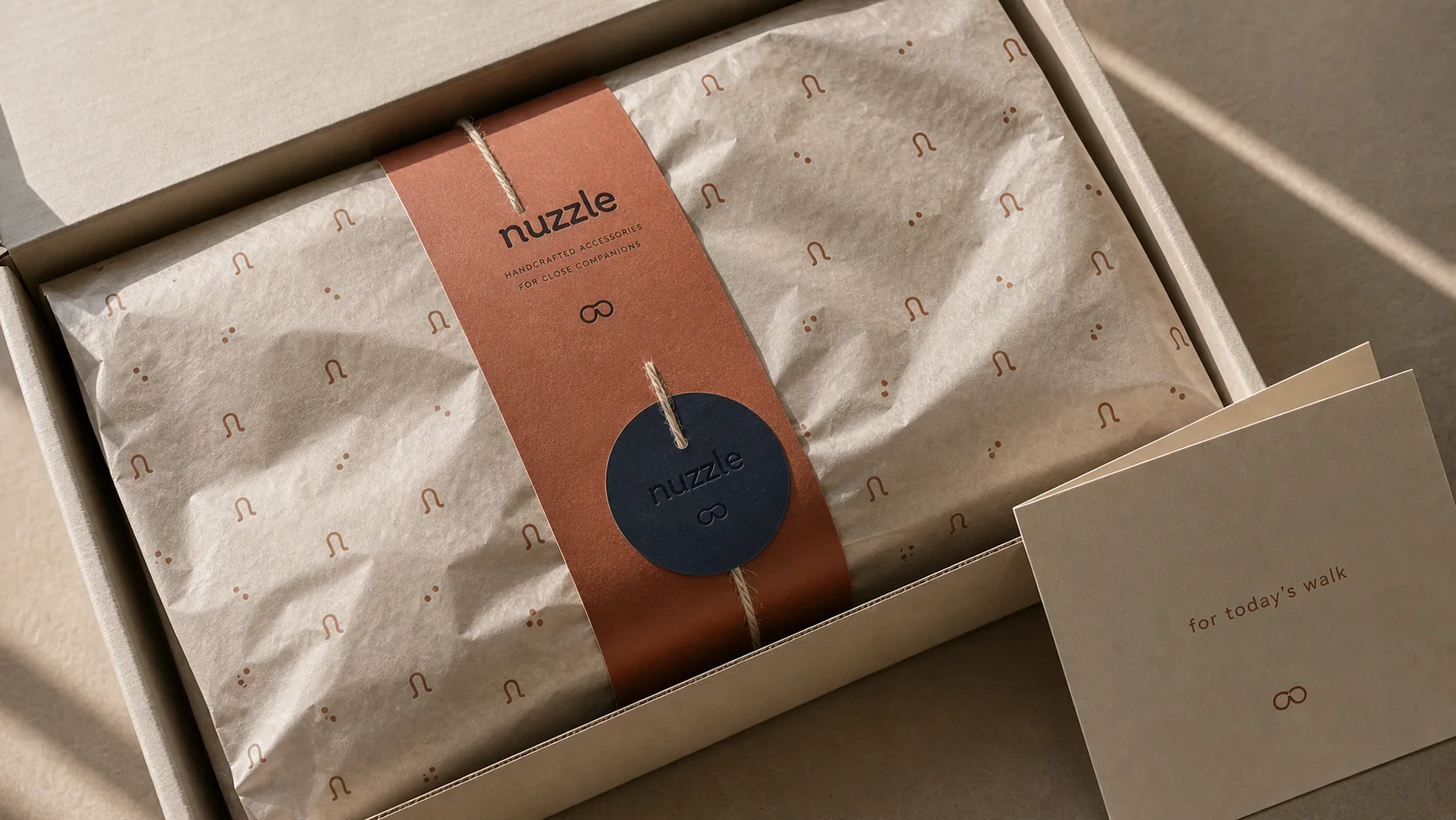 nuzzle wrapping tissue, ribbon, sticker seal, cotton pouch and leather product packaging
