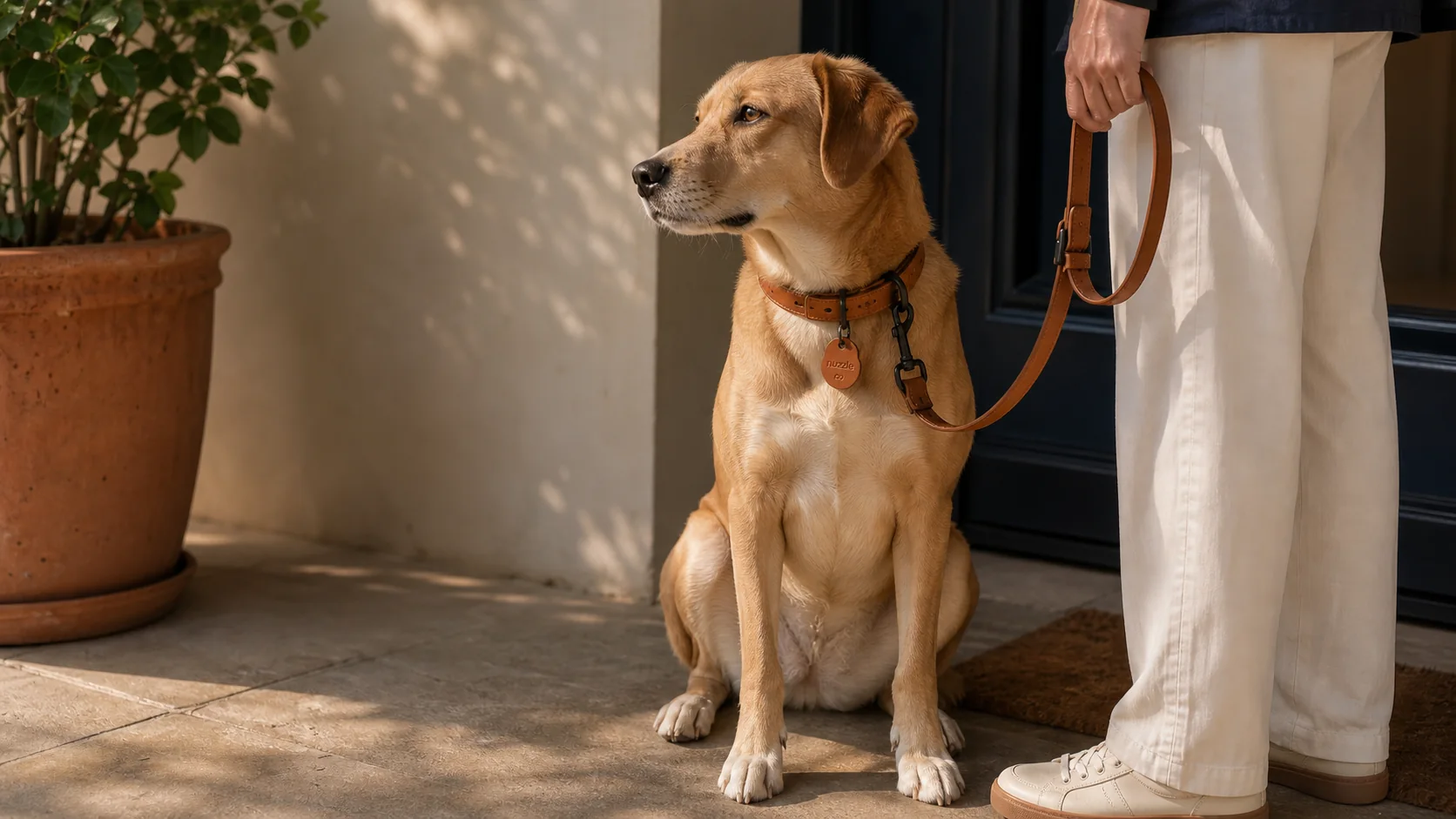 dog wearing nuzzle leather collar and leash beside its owner near a doorway