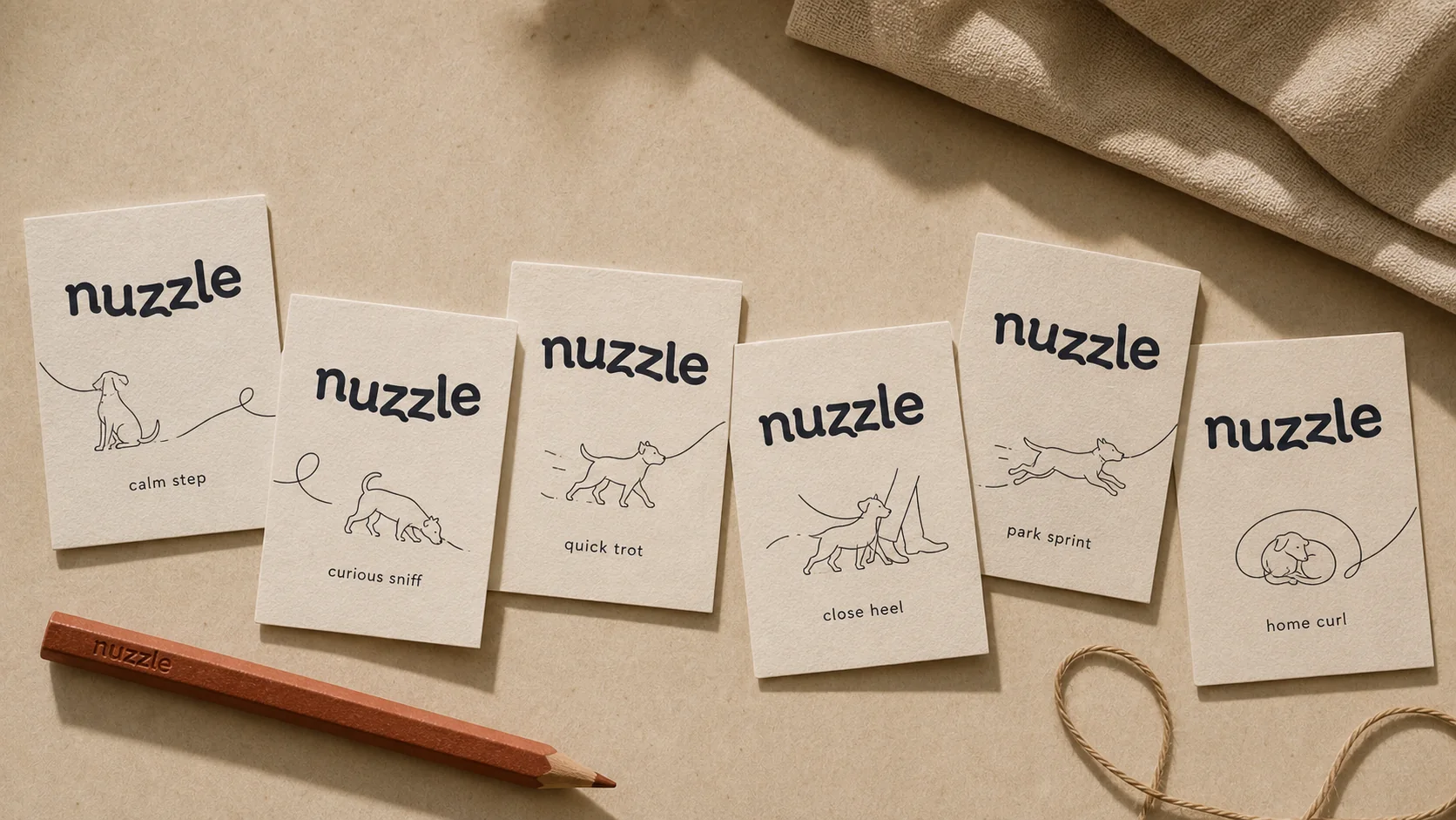 nuzzle flexible wordmark cards with walking ritual illustrations and cotton cord