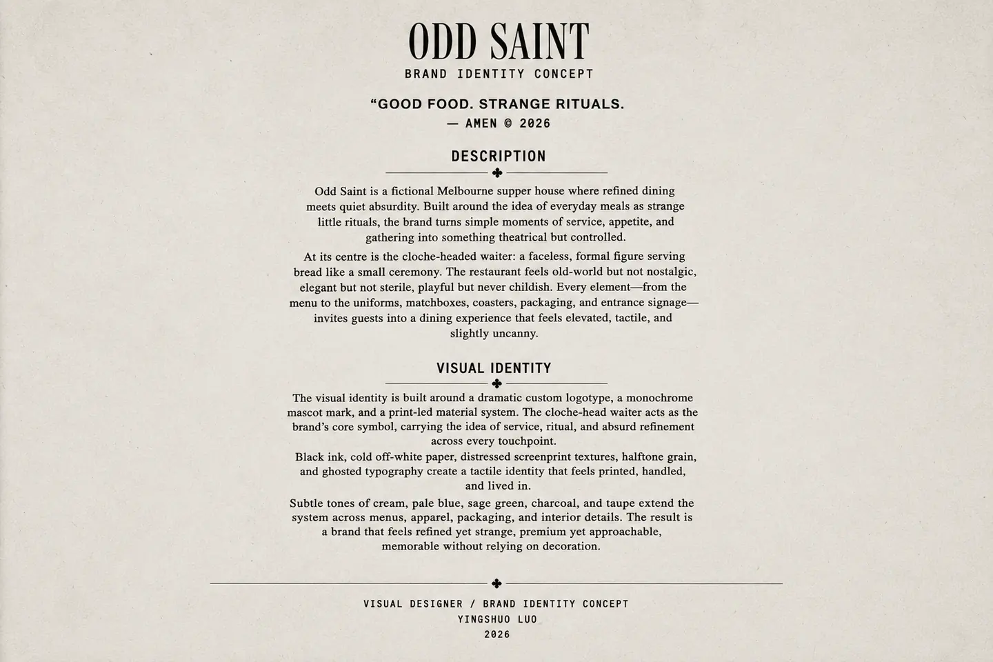 Odd Saint brand identity board showing wordmark, mascot, palette and hospitality applications