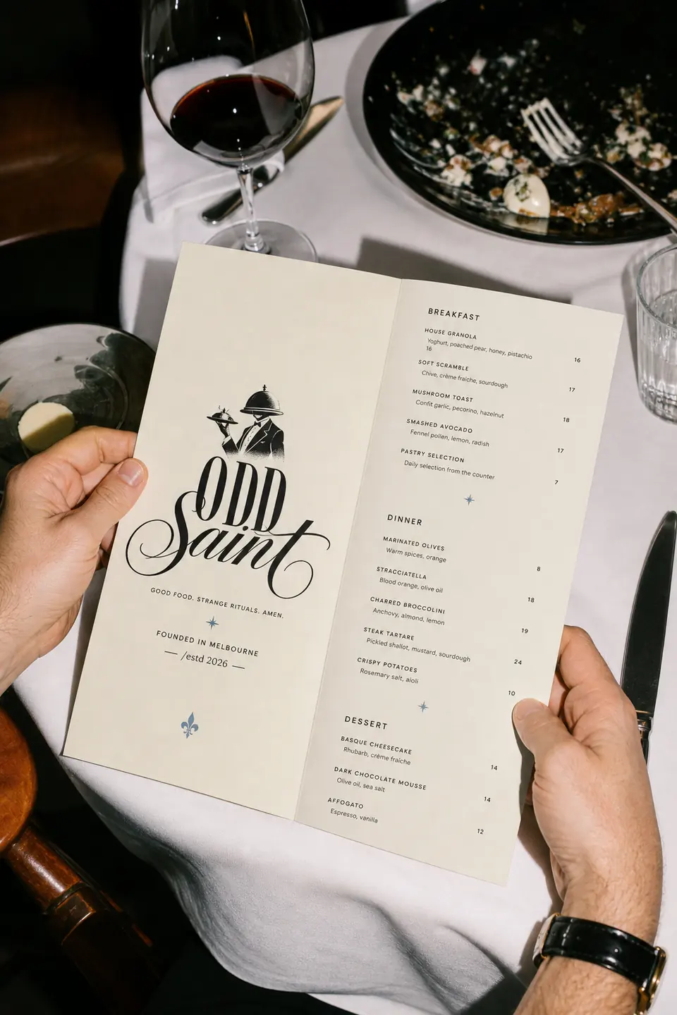 Odd Saint menu held at a restaurant table with warm dinner setting